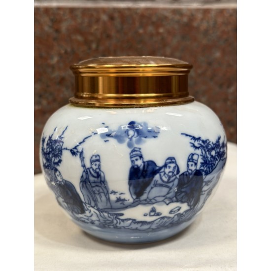 Bình đựng trà (hộp đựng chè) men lam giả cổ vẽ Tùng Lâm Thất Hiền LC02A