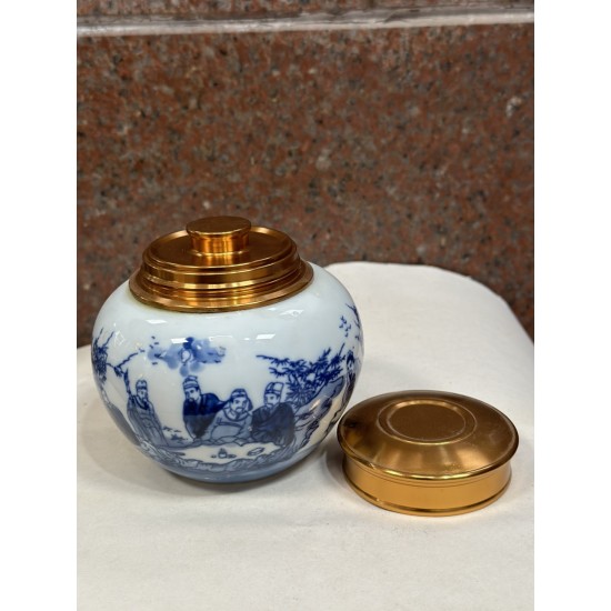 Bình đựng trà (hộp đựng chè) men lam giả cổ vẽ Tùng Lâm Thất Hiền LC02A