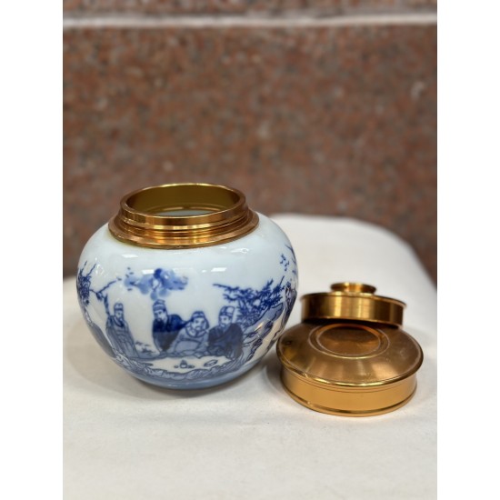 Bình đựng trà (hộp đựng chè) men lam giả cổ vẽ Tùng Lâm Thất Hiền LC02A