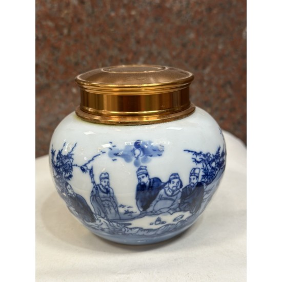 Bình đựng trà (hộp đựng chè) men lam giả cổ vẽ Tùng Lâm Thất Hiền LC02A