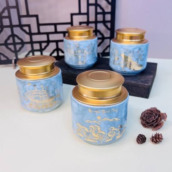 Bình đựng trà (hộp đựng chè) vẽ vàng men vân đá LC04A