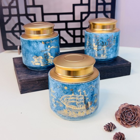 Bình đựng trà (hộp đựng chè) vẽ vàng men vân đá LC04A