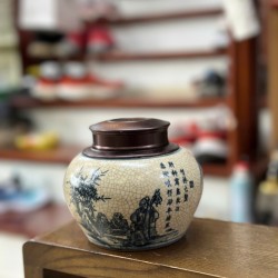 Bình đựng trà (hộp đựng chè) men rạn giả cổ vẽ Tùng Lâm Thất Hiền LC05A Bình đựng trà (hộp đựng chè) men rạn giả cổ vẽ Tùng Lâm Thất Hiền LC05A
