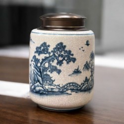 Bình đựng trà (hộp đựng chè) men rạn giả cổ vẽ Tùng Chùa LC05C Bình đựng trà (hộp đựng chè) men rạn giả cổ vẽ Tùng Chùa LC05C