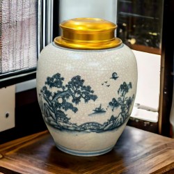 Bình đựng trà (hộp đựng chè) men rạn giả cổ vẽ Tùng Chùa LC05E Bình đựng trà (hộp đựng chè) men rạn giả cổ vẽ Tùng Chùa LC05E