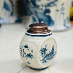 Bình đựng trà (hộp đựng chè) men rạn giả cổ vẽ Tùng Lâm Thất Hiền LC05G