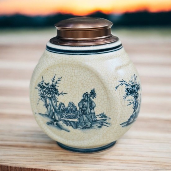 Bình đựng trà (hộp đựng chè) men rạn giả cổ vẽ Tùng Lâm Thất Hiền LC05G Bình đựng trà (hộp đựng chè) men rạn giả cổ vẽ Tùng Lâm Thất Hiền LC05G