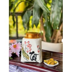 Bình đựng trà (hộp đựng chè) men trắng vẽ hoa sen LC06