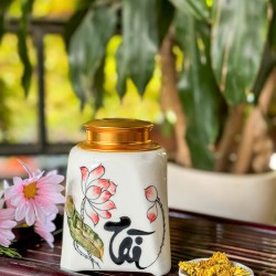 Bình đựng trà (hộp đựng chè) men trắng vẽ hoa sen LC06