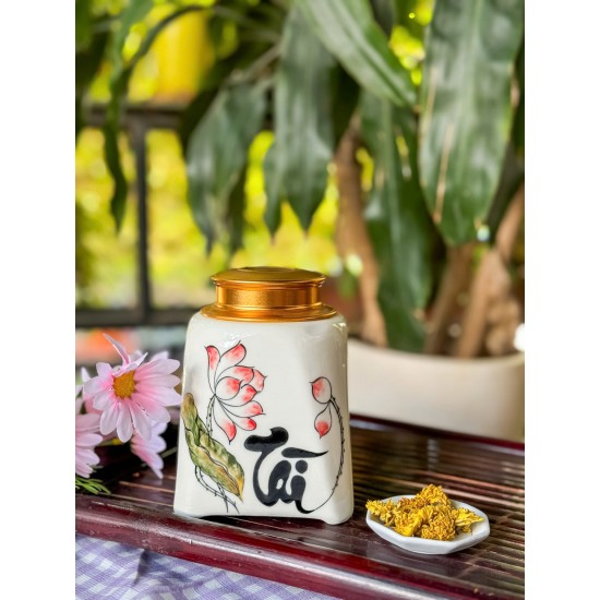 Bình đựng trà (hộp đựng chè) men trắng vẽ hoa sen LC06