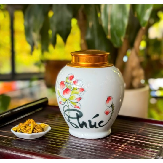 Bình đựng trà (hộp đựng chè) men trắng vẽ hoa sen LC06A Bình đựng trà (hộp đựng chè) men trắng vẽ hoa sen LC06A