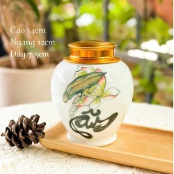 Bình đựng trà (hộp đựng chè) men trắng vẽ hoa sen LC06A