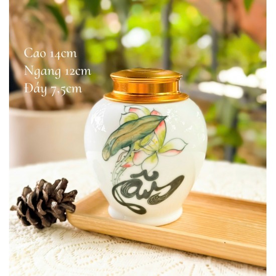 Bình đựng trà (hộp đựng chè) men trắng vẽ hoa sen LC06A Bình đựng trà (hộp đựng chè) men trắng vẽ hoa sen LC06A