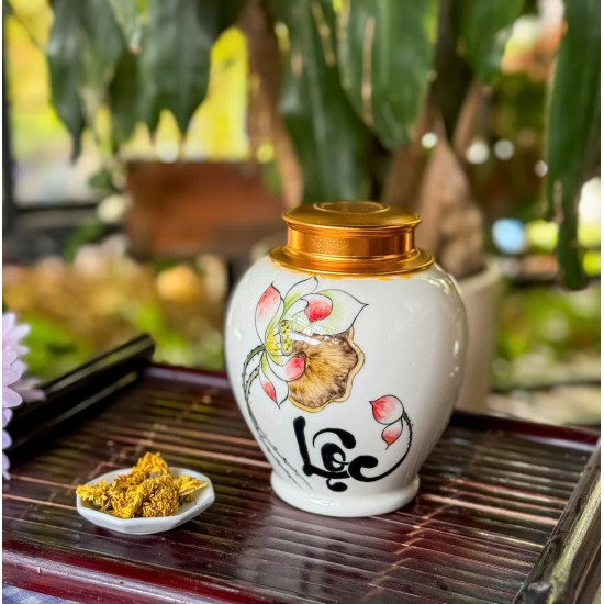 Bình đựng trà (hộp đựng chè) men trắng vẽ hoa sen LC06A Bình đựng trà (hộp đựng chè) men trắng vẽ hoa sen LC06A