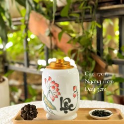 Bình đựng trà (hộp đựng chè) men trắng vẽ hoa sen LC06B