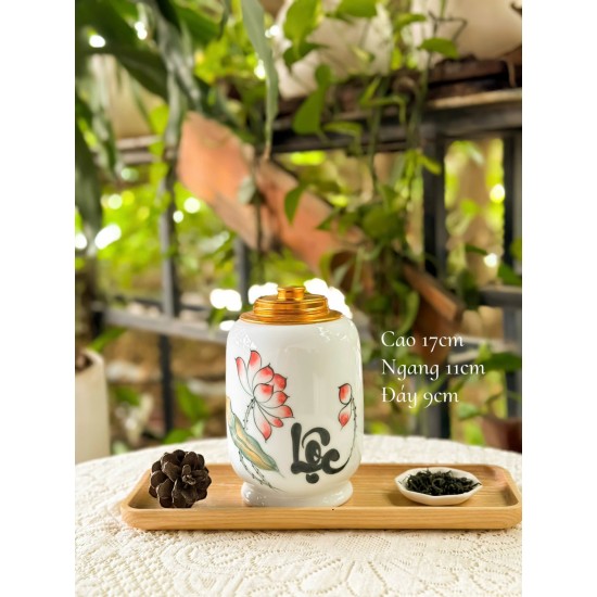 Bình đựng trà (hộp đựng chè) men trắng vẽ hoa sen LC06B