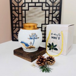 Bình đựng trà (hộp đựng chè) men trắng vẽ hoa sen xanh LC07