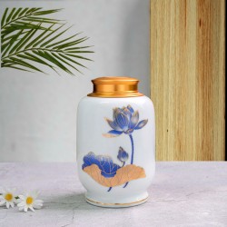 Bình đựng trà (hộp đựng chè) men trắng vẽ hoa sen xanh LC07A