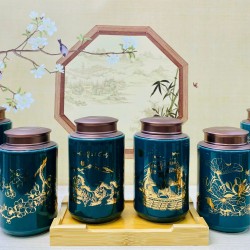 Bình đựng trà (hộp đựng chè) vẽ vàng nhiều màu sắc LC08