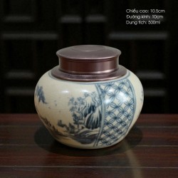 Bình đựng trà (hộp đựng chè) men rạn giả cổ vẽ Sơn Thủy LC02B Bình đựng trà (hộp đựng chè) men rạn giả cổ vẽ Sơn Thủy LC02B