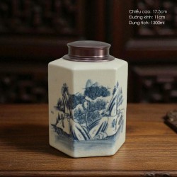 Bình đựng trà (hộp đựng chè) dáng lục giác men rạn giả cổ vẽ Sơn Thủy LC09 Bình đựng trà (hộp đựng chè) dáng lục giác men rạn giả cổ vẽ Sơn Thủy LC09