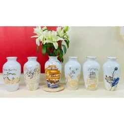 Lọ hoa men trắng vẽ vàng kim nhiều cảnh LH037A