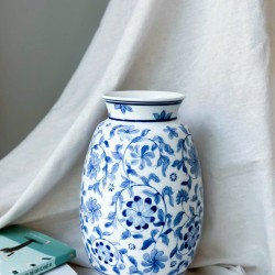 Lọ hoa Bát Tràng dáng cổ loe men lam vẽ hoa dây LH038A Lọ hoa Bát Tràng dáng cổ loe men lam vẽ hoa dây LH038A