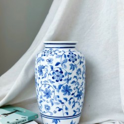 Lọ hoa Bát Tràng dáng chum men lam vẽ hoa dây LH038C Lọ hoa Bát Tràng dáng chum men lam vẽ hoa dây LH038C