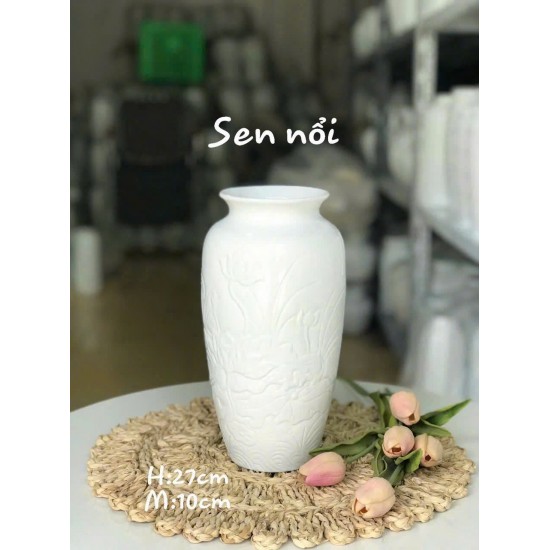 Bình cắm hoa Bát Tràng men trắng sen nổi LH22 Bình cắm hoa Bát Tràng men trắng sen nổi LH22