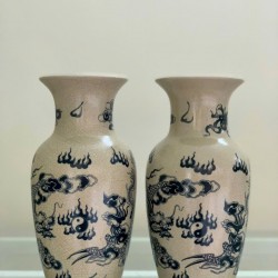 Đôi lọ hoa thờ men rạn Rồng Phượng LHT01