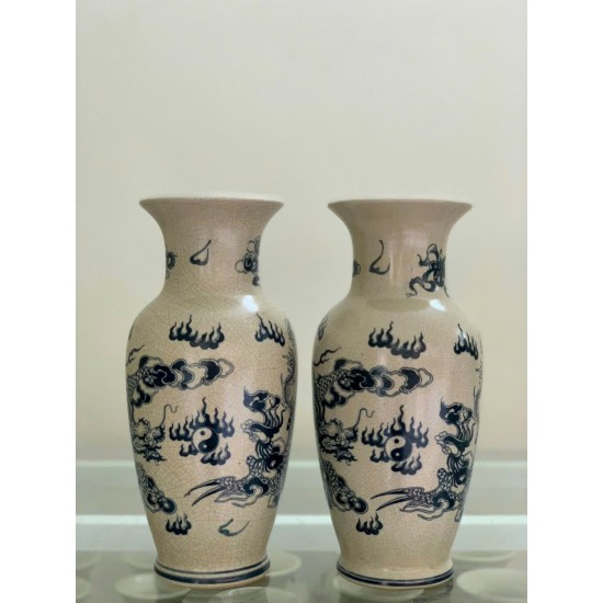 Đôi lọ hoa thờ men rạn Rồng Phượng LHT01