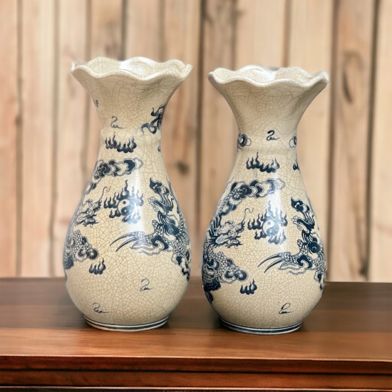 Đôi lọ hoa thờ men rạn miệng lượn Rồng Phượng LHT01C