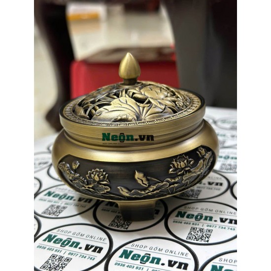 Lư đồng đốt trầm khắc hoa sen LX03