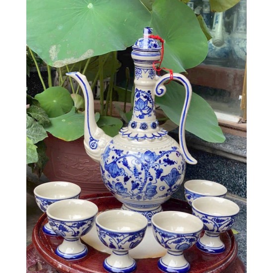 Bộ bình rót rượu Bát Tràng vẽ hoa sen NR11A