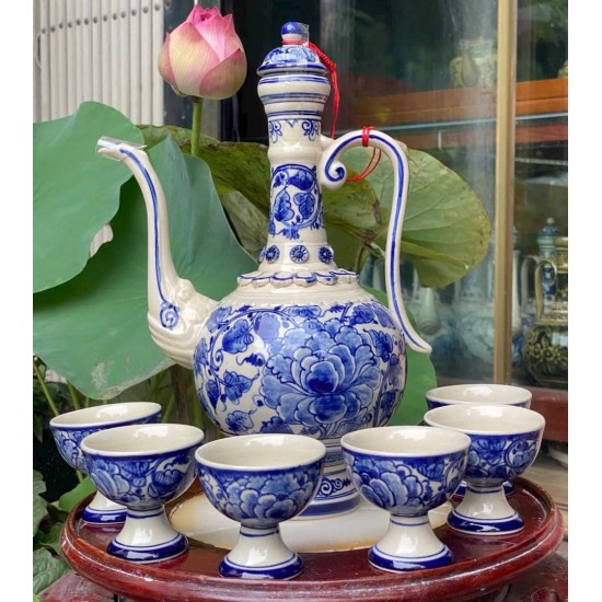 Bộ bình rót rượu Bát Tràng vẽ hoa phù dung NR11