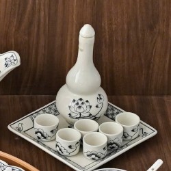 Bộ nậm rượu Bát Tràng vẽ hoa sen chàm bông NR16