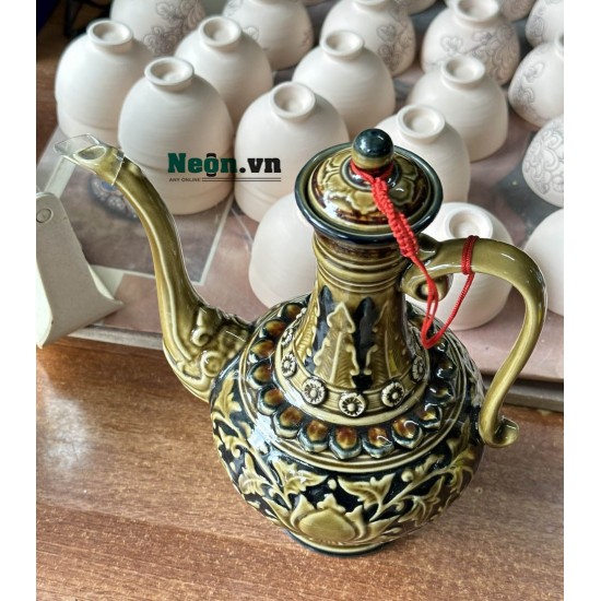 Bình rót rượu Bát Tràng men giả cổ khắc nổi phù dung NR17A