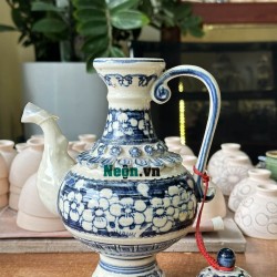 Bình rót rượu Bát Tràng men lam giả cổ vẽ hoa đào NR17B