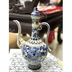 Bình rót rượu Bát Tràng men lam giả cổ vẽ hoa mẫu đơn NR17E