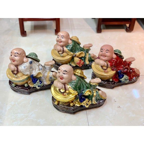 Tượng gốm Bát Tràng Di Lặc nằm thư thái cao 23cm TDL01A