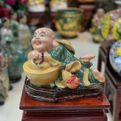 Tượng gốm Bát Tràng Di Lặc nằm thư thái cao 23cm TDL01A