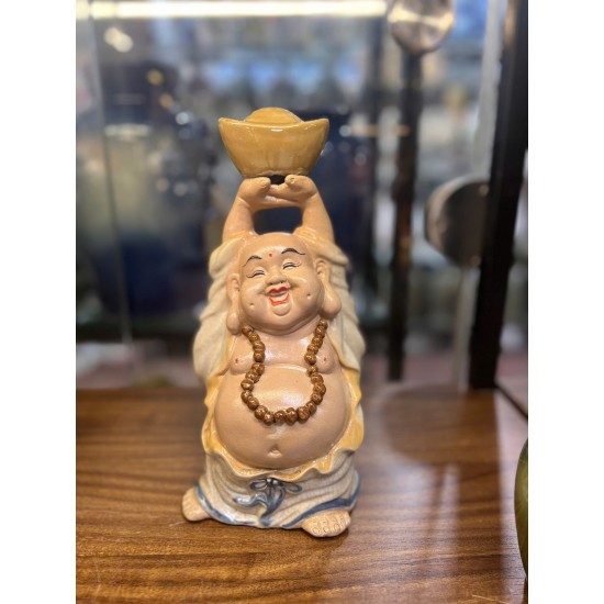 Tượng gốm Bát Tràng Di Lặc Dâng Vàng men rạn cao 25cm TDL01