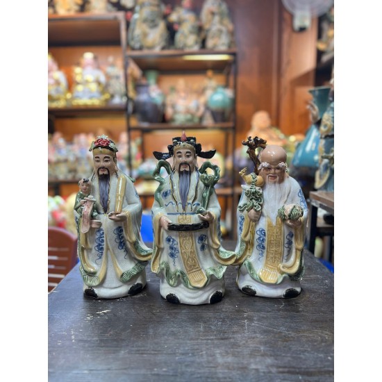 Tượng Tam Đa - Phúc Lộc Thọ men rạn xanh cao 33cm TTĐ01A