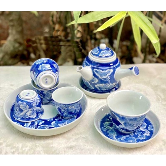 Ấm trà tay ngang men lam vẽ long ẩn Bát Tràng AC06B