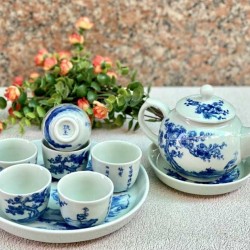 Ấm chén Bát Tràng giá rẻ men lam vẽ Mai Hạc AC07A