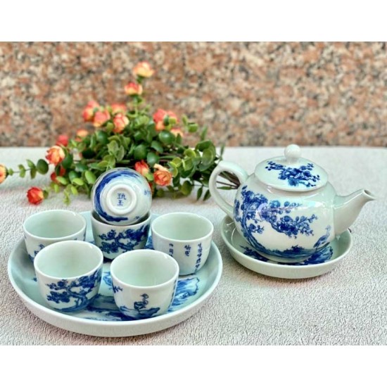 Ấm chén Bát Tràng giá rẻ men lam vẽ Mai Hạc AC07A