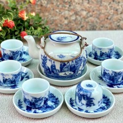 Bộ ấm chén uống trà giá rẻ men lam nắp lõm AC11B