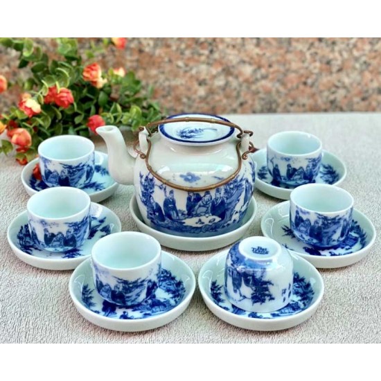 Bộ ấm chén uống trà giá rẻ men lam nắp lõm AC11B