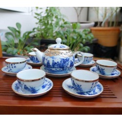 Bộ ấm chén men chàm bọc đồng AC21 Bộ ấm chén men chàm bọc đồng AC21