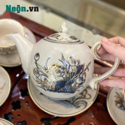 Bộ ấm chén Bát Tràng cao cấp vẽ sen vàng AC27D